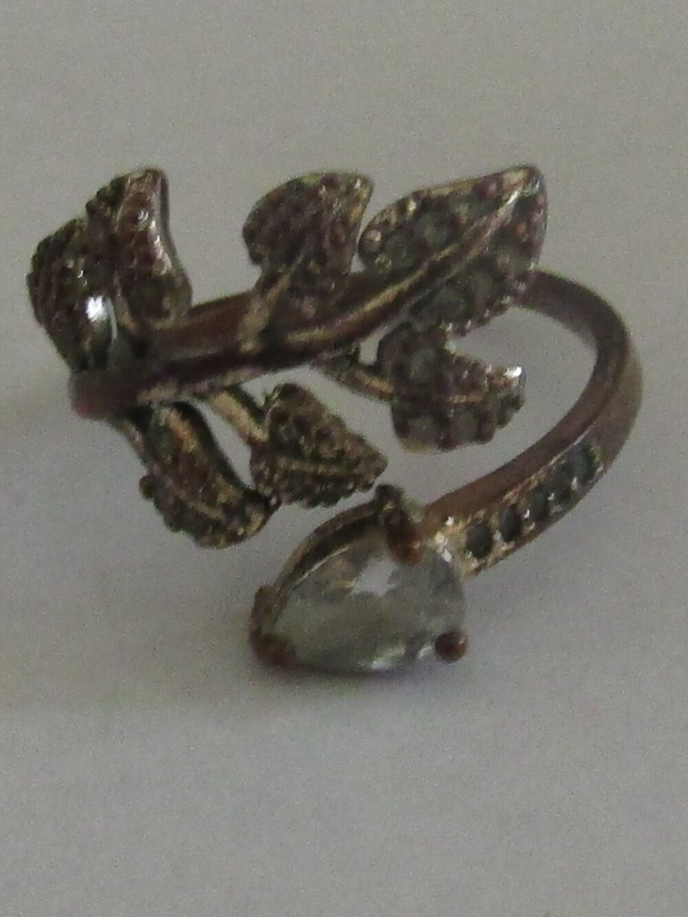Unbranded Leaf Motif Adjustable Ring Copper olored Metal Pear Shaped RhineStone
